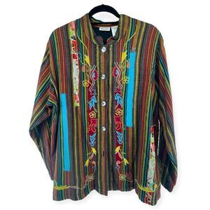 Units Woman Vintage Embroidered Patchwork Cotton Boho Button Front Shacket 1X